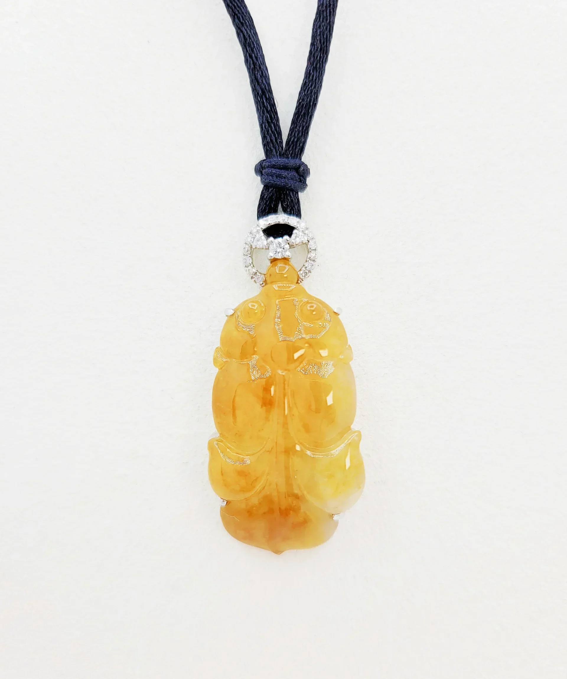 18K Yellow Gold Translucent Honey Yellow Golden Fish Jadeite Jade Pendant with Diamonds