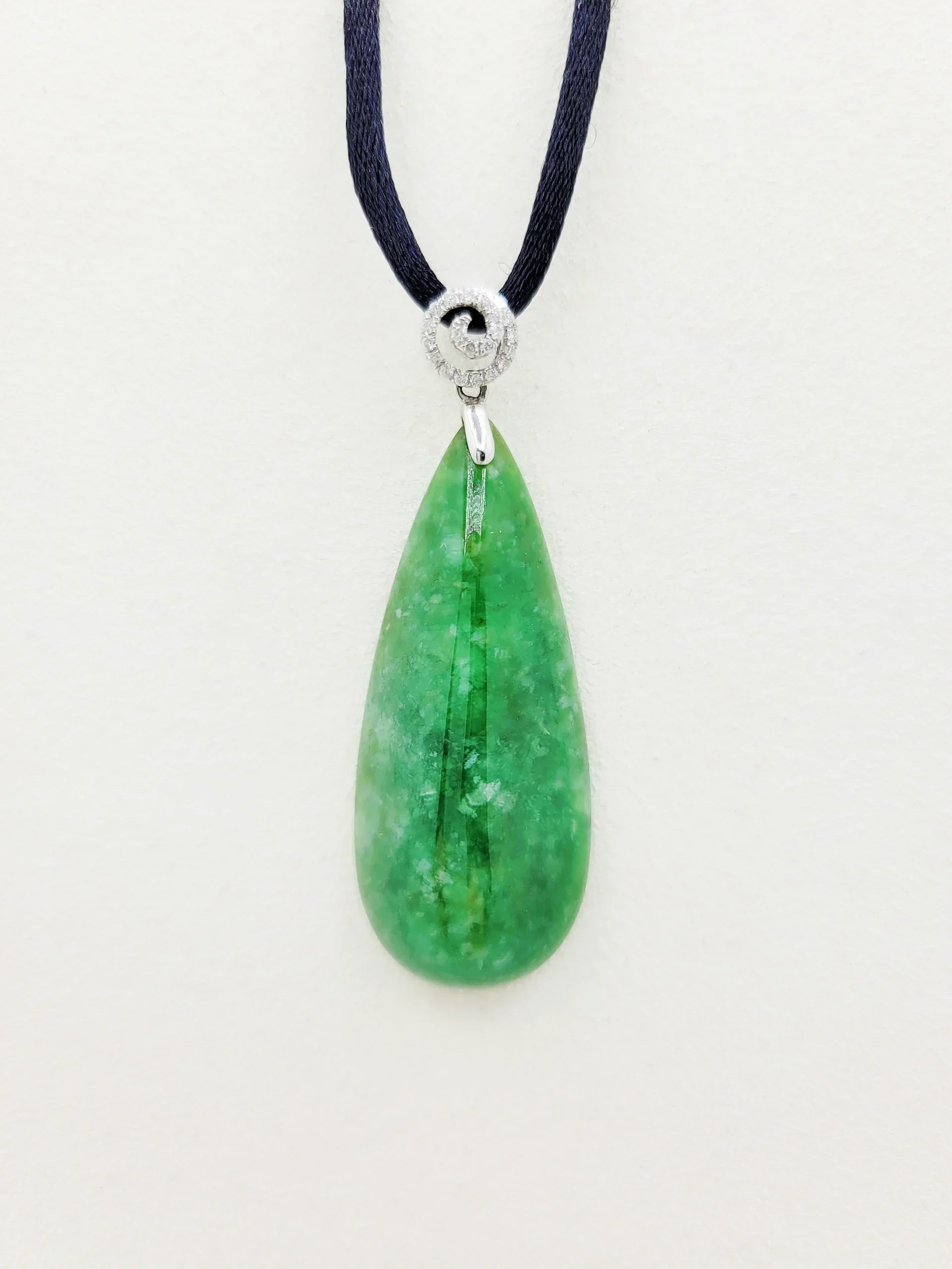 18K White Gold Icy Green Tear Drop Jadeite Jade Pendant with Diamonds