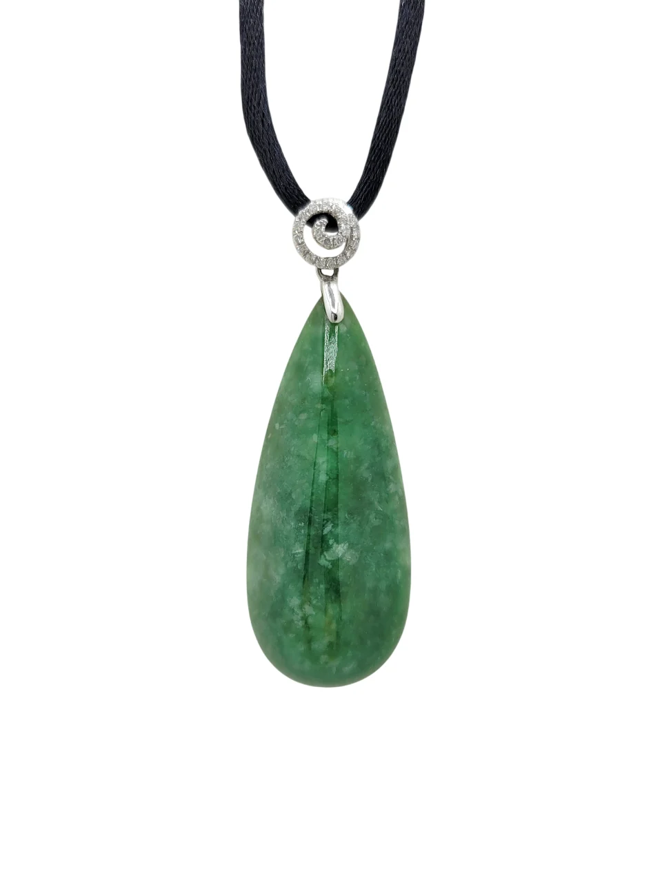 18K White Gold Icy Green Tear Drop Jadeite Jade Pendant with Diamonds