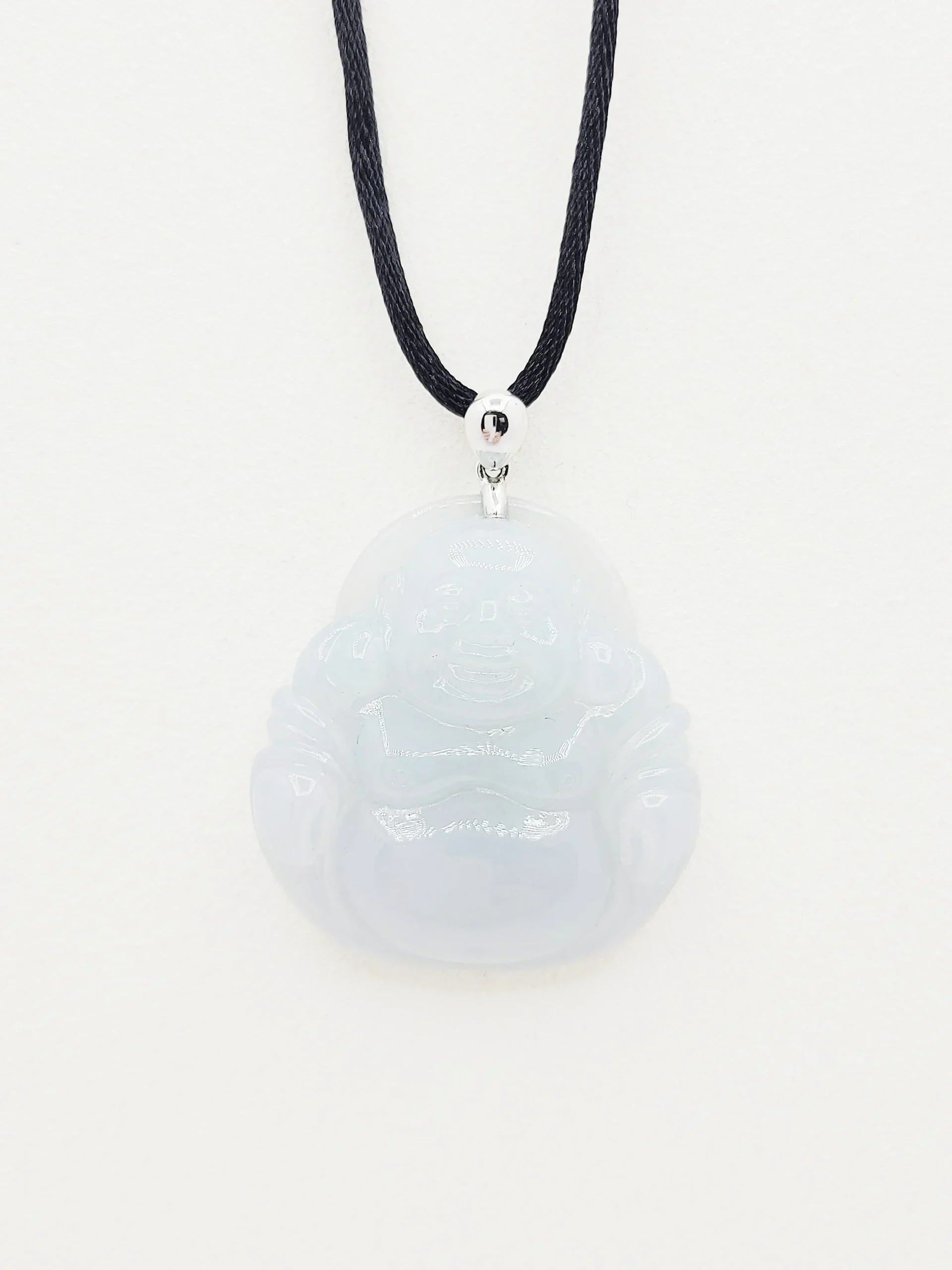 18K White Gold Icy Laughing Buddha Jadeite Jade Pendant