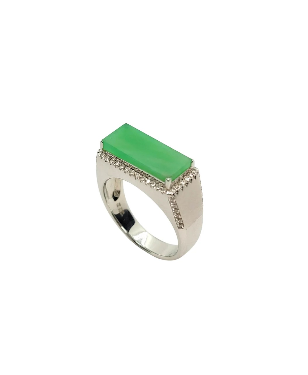 18K White Gold Rectangular Plaque Light Green Jadeite Jade Ring with Diamonds