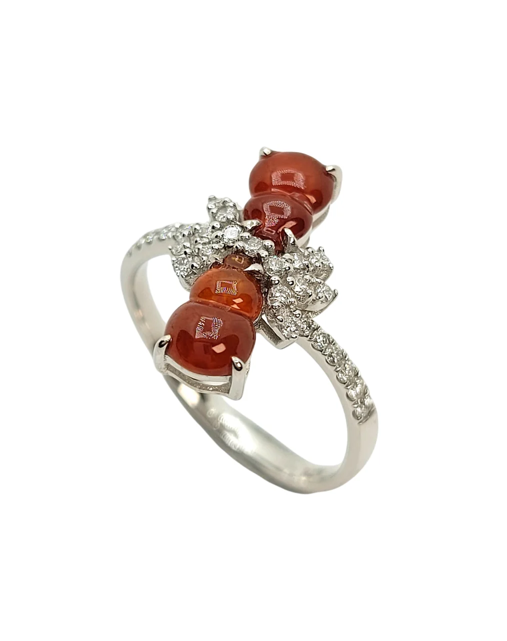 18K White Gold Double-gourd Brownish Red Jadeite Jade Ring with Diamonds