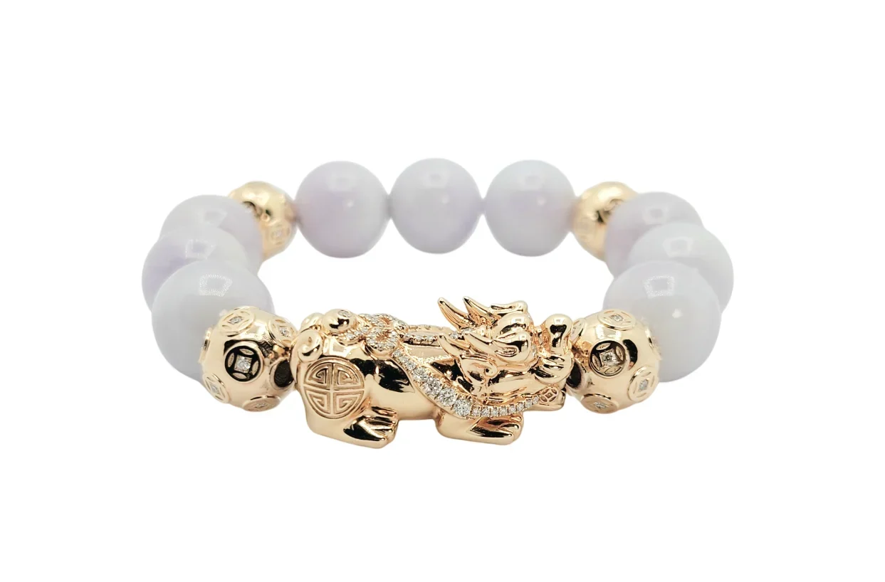 18K Rose Gold Pixiu Icy Lavender Beads Bracelet with Money Balls