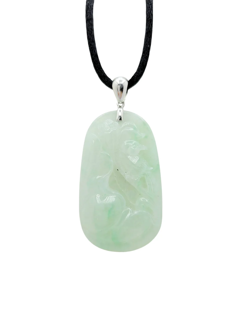 18K White Gold White with Green Patches Carved Jadeite Jade Pendant