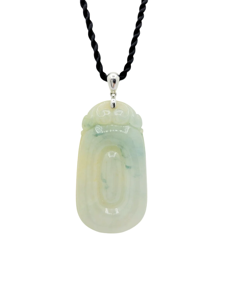 18K White Gold White with Green Patches Blessings With You Jadeite Jade Pendant