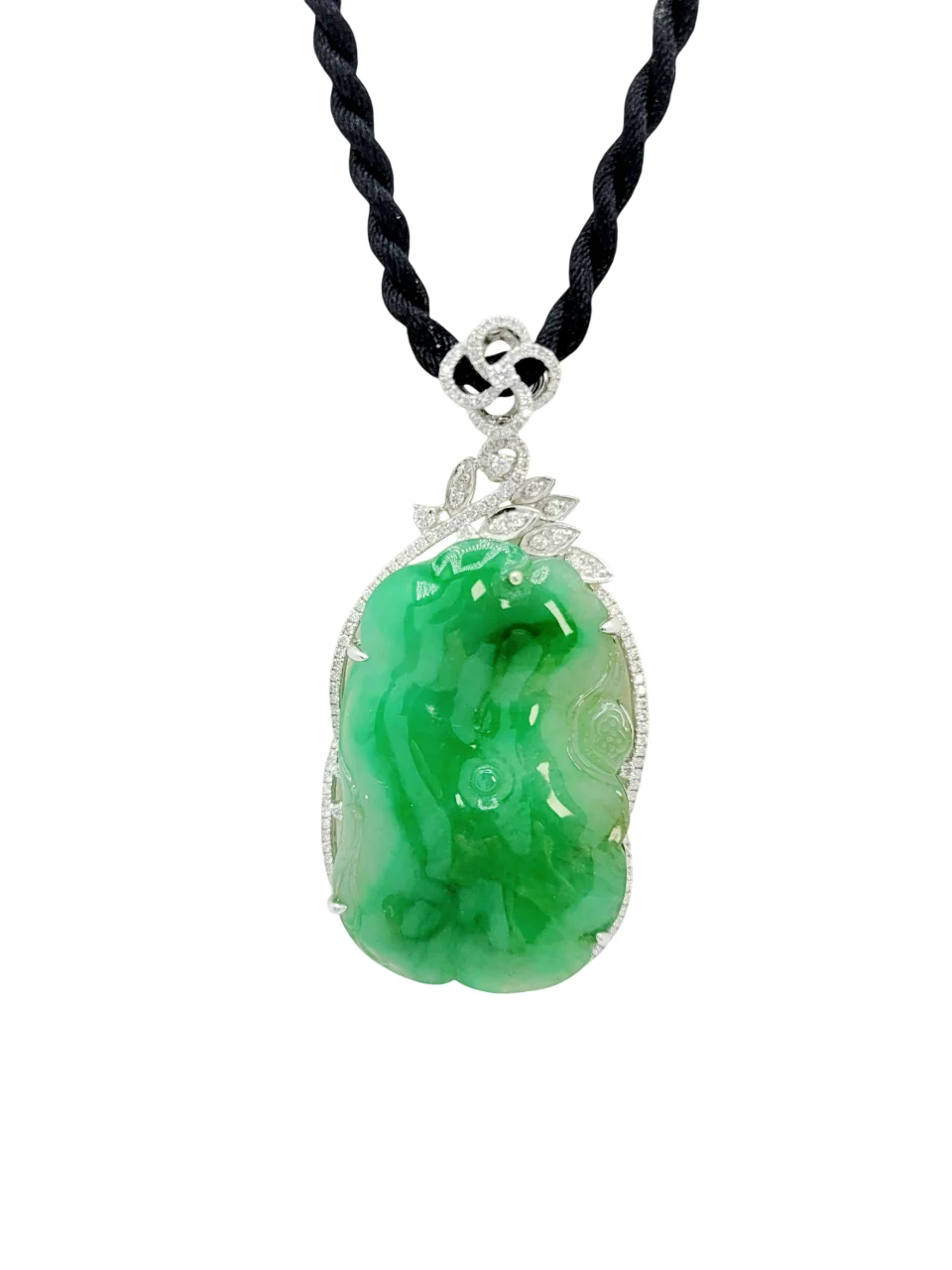 18K White Gold Light Green to Bright Green Lotus Leaf Jadeite Jade with Diamond Pendant