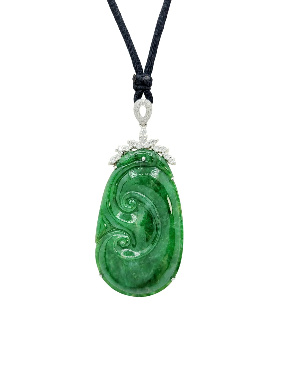 18K White Gold Intense Green Ruyi Jadeite Jade with Diamond Pendant