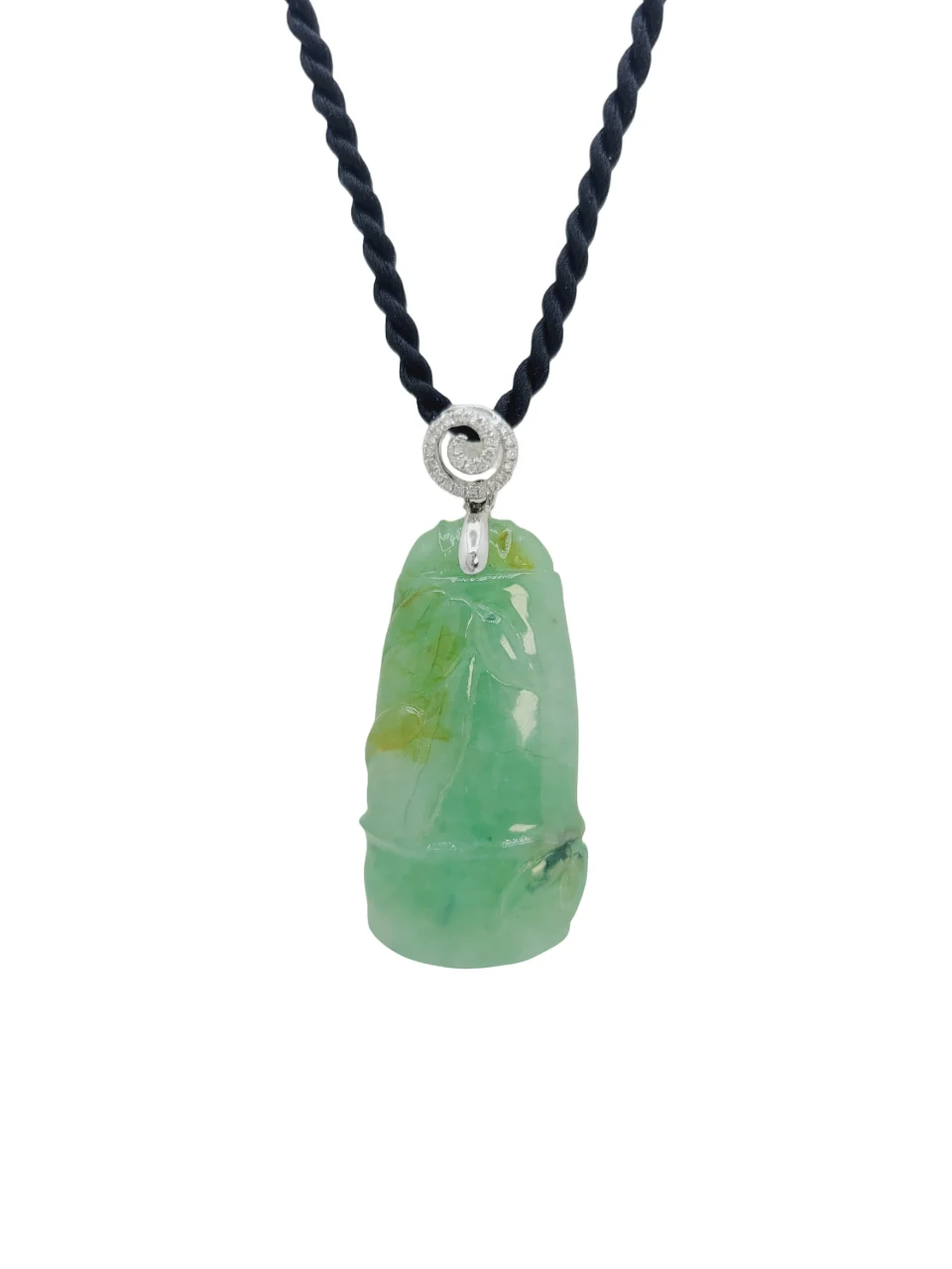 18K White Gold Green and Yellow Patches Bamboo Jadeite Jade with Diamond Pendant