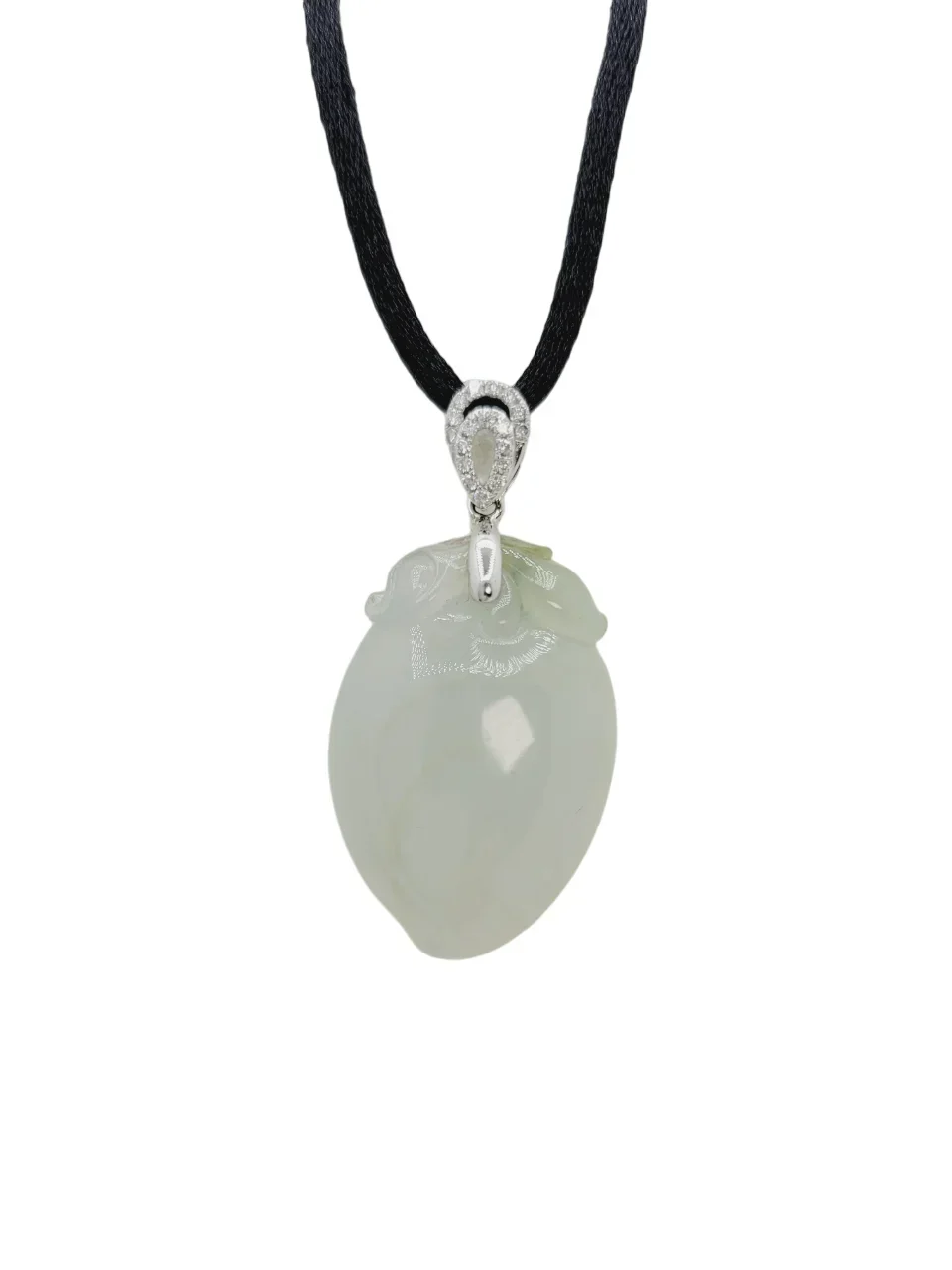 18K White Gold Icy Peach Jadeite Jade with Diamond Pendant