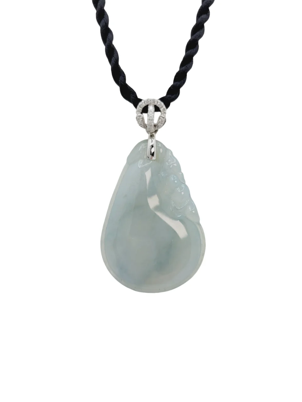 18K White Gold Light Green Eternity Life Fruit Jadeite Jade with Diamond Pendant