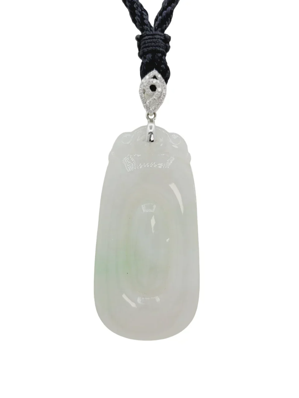 18K White Gold Icy Green Carved Jadeite Jade with diamond Pendant