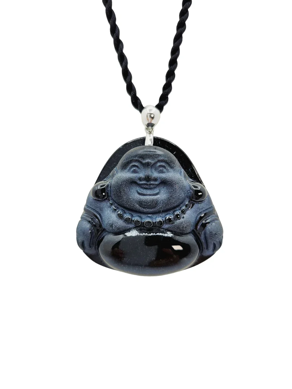 18K White Gold Black Laughing Buddha Jadeite Jade Pendant (Large)