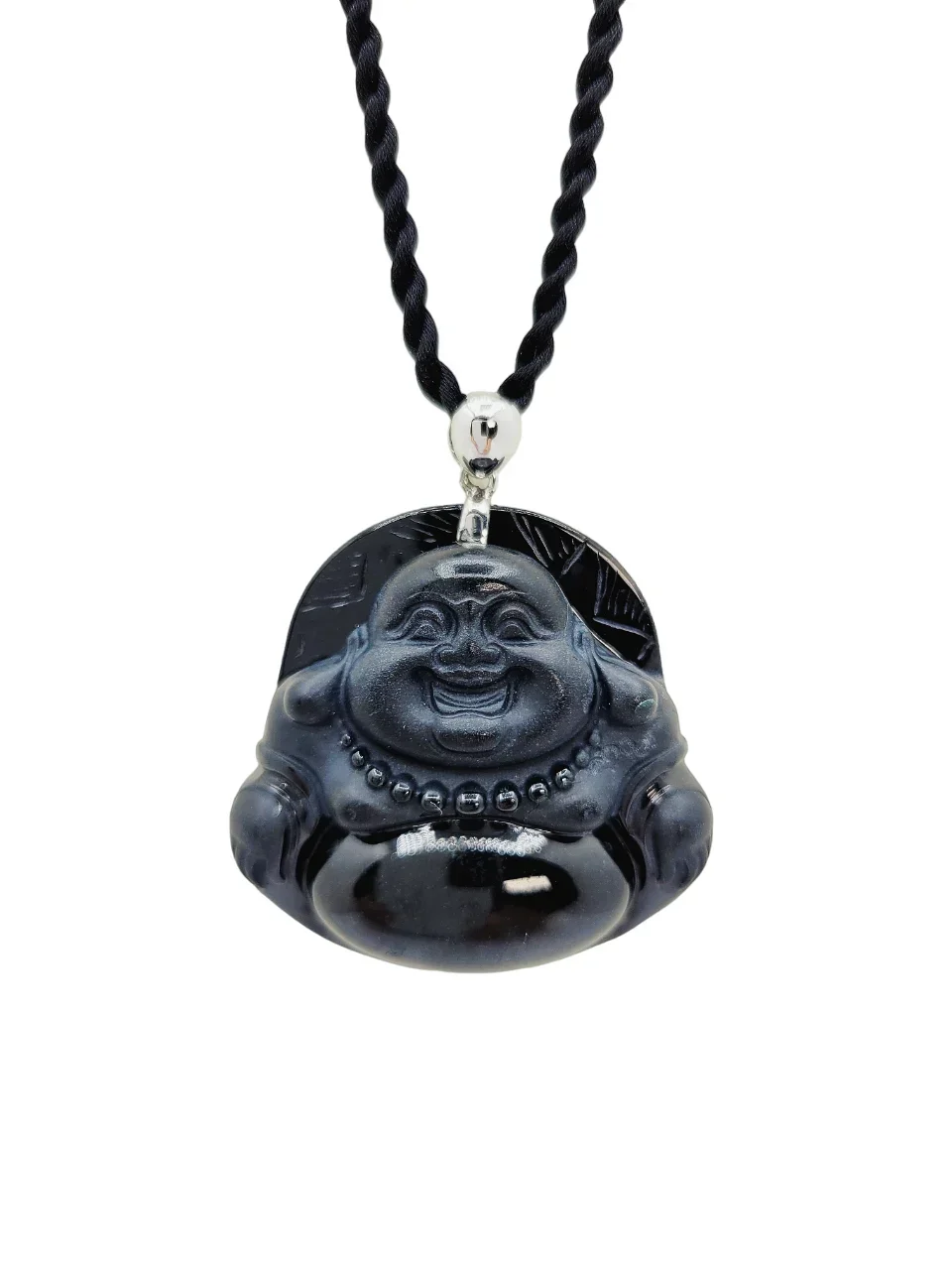 18K White Gold Black Laughing Buddha Jadeite Jade Pendant (Medium)