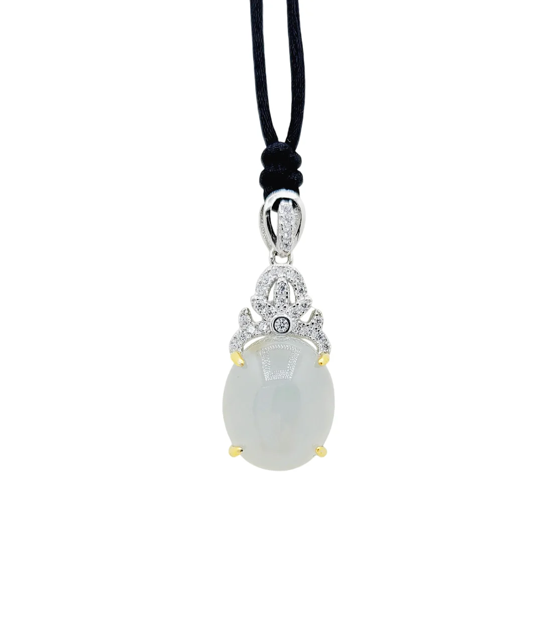 Silver Icy Oval Cabochon Jadeite Jade Pendant with Diamonds Simulant