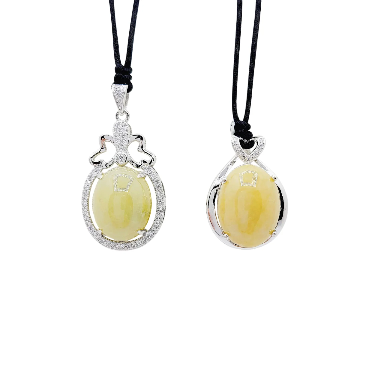 Silver Honey Yellow Oval Cabochon Jadeite Jade Pendant with Diamonds Simulant