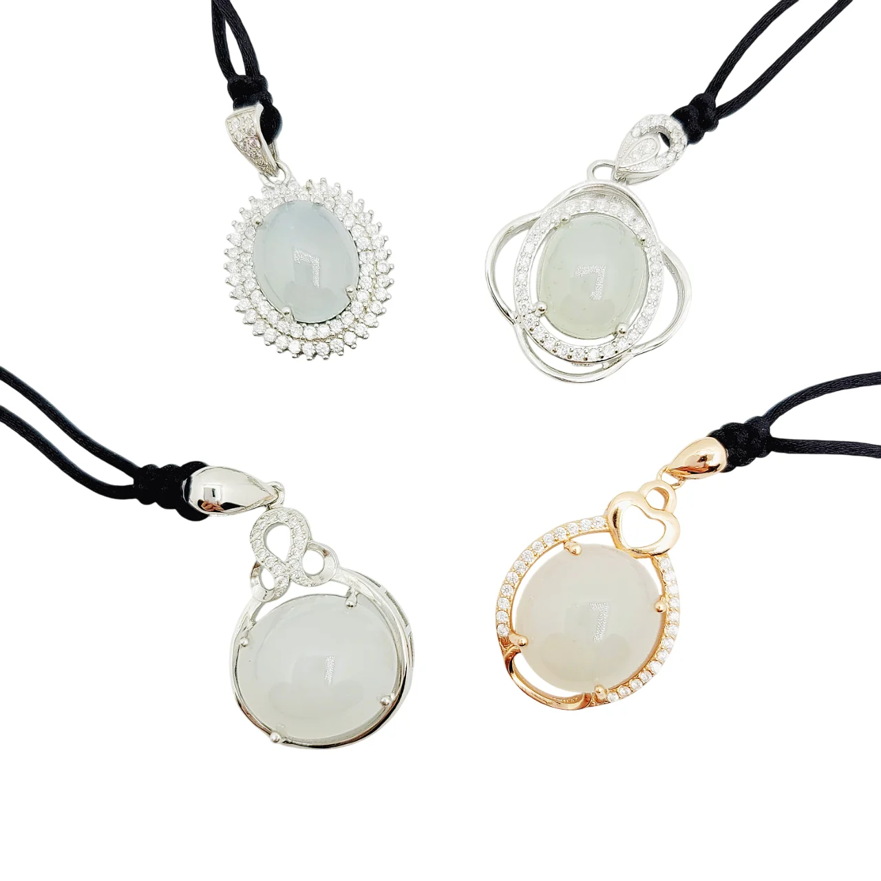 Silver Icy Oval Cabochon Jadeite Jade Pendant with Diamonds Simulant