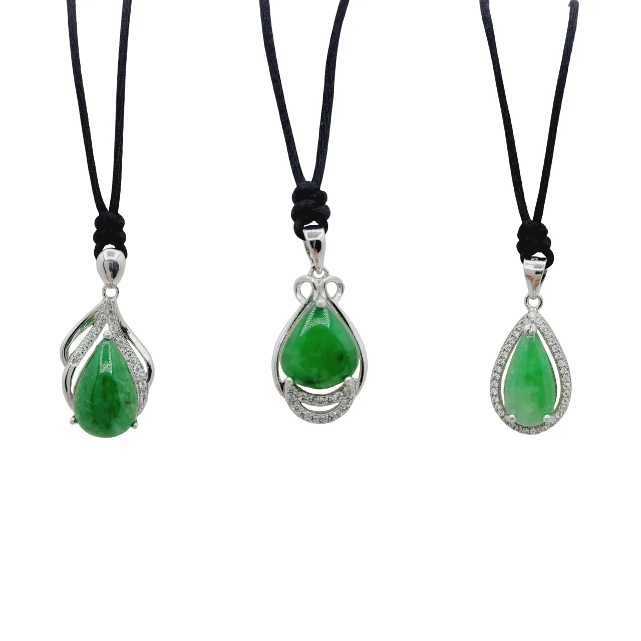 Silver Green Tear Drop Jadeite Jade Pendant with Diamonds Simulant