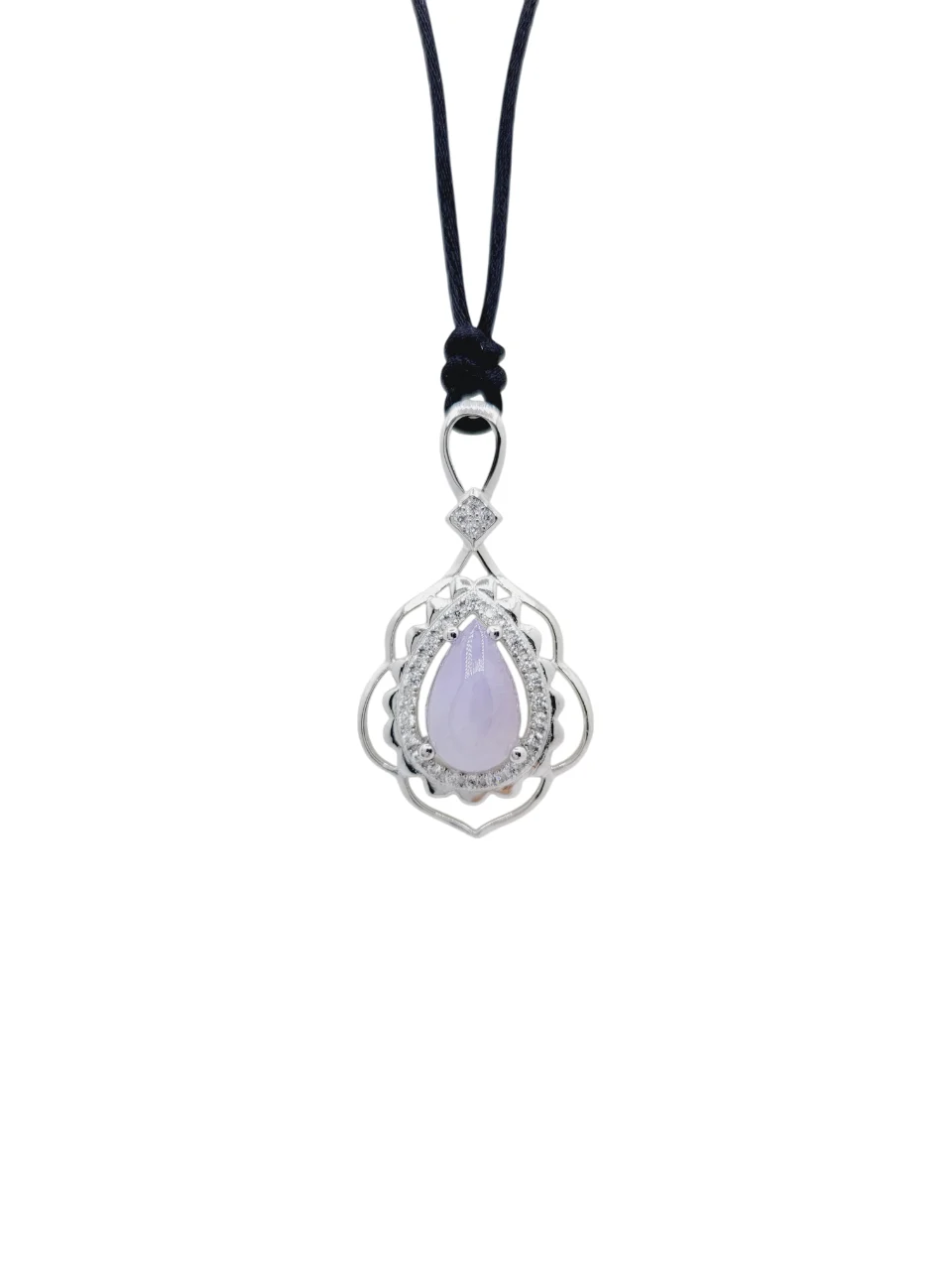 Silver Icy Lavender Tear Drop Jadeite Jade Pendant with Diamonds Simulant