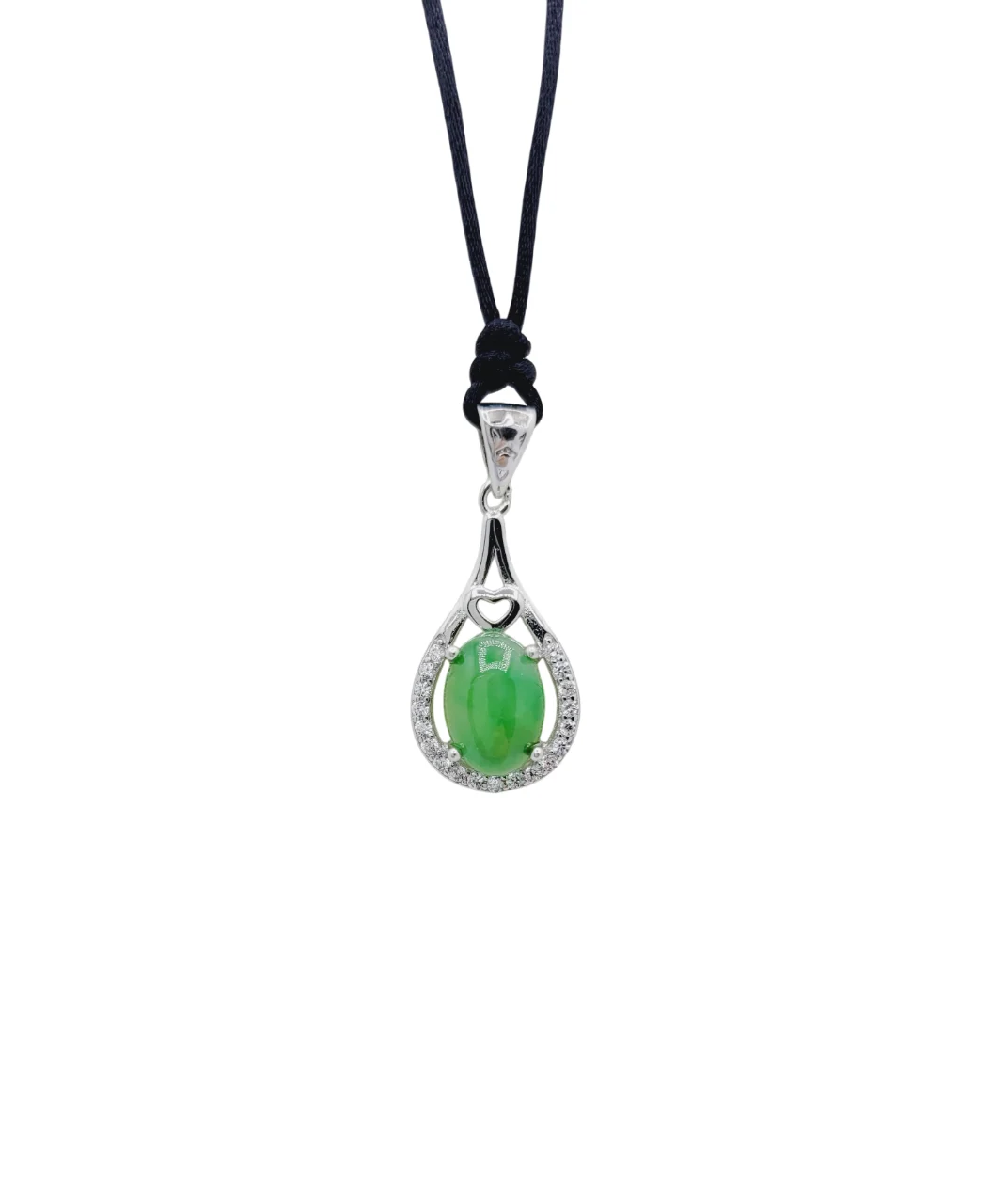 Silver Icy Green Oval Cabochon Jadeite Jade Pendant with Diamonds Simulant