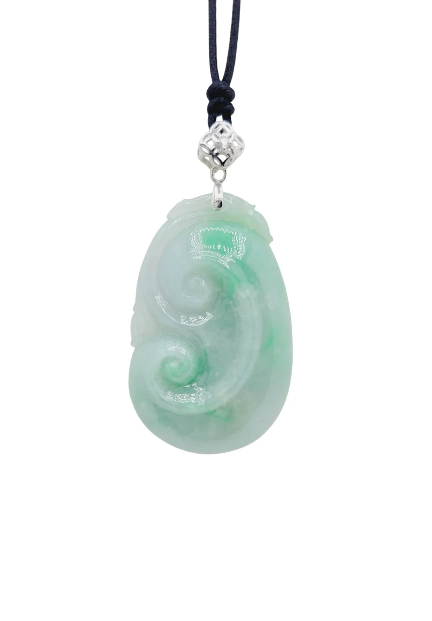 Silver Green with White Patches Ruyi Jadeite Jade Pendant with Diamonds Simulant