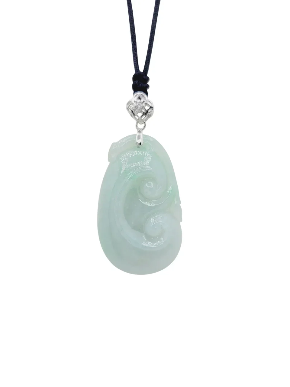 Silver Light Green with White Patches Ruyi Jadeite Jade Pendant with Diamonds Simulant