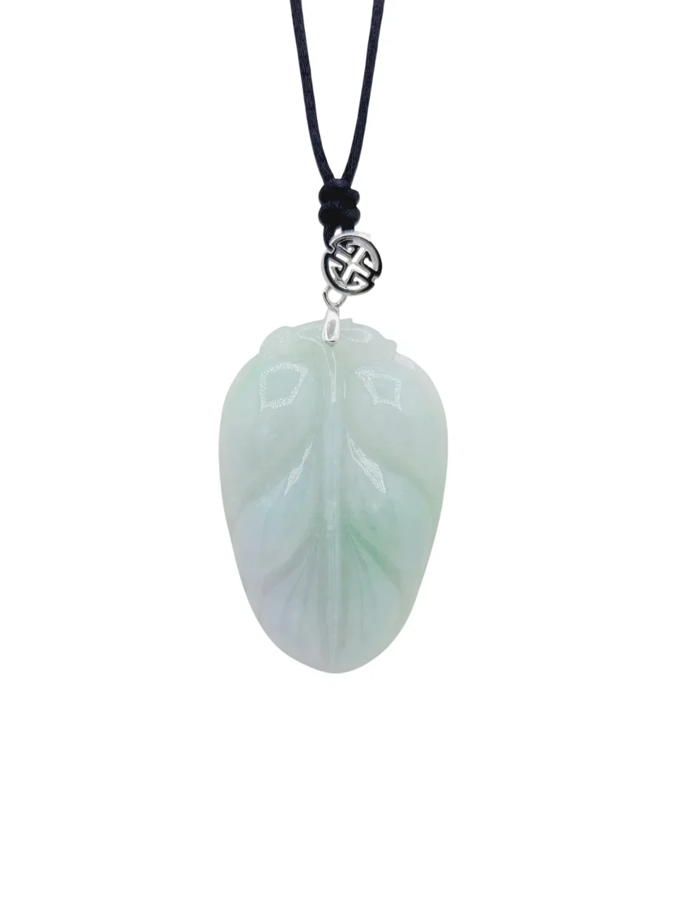 Silver Light Green with White Patches Leaf Jadeite Jade Pendant