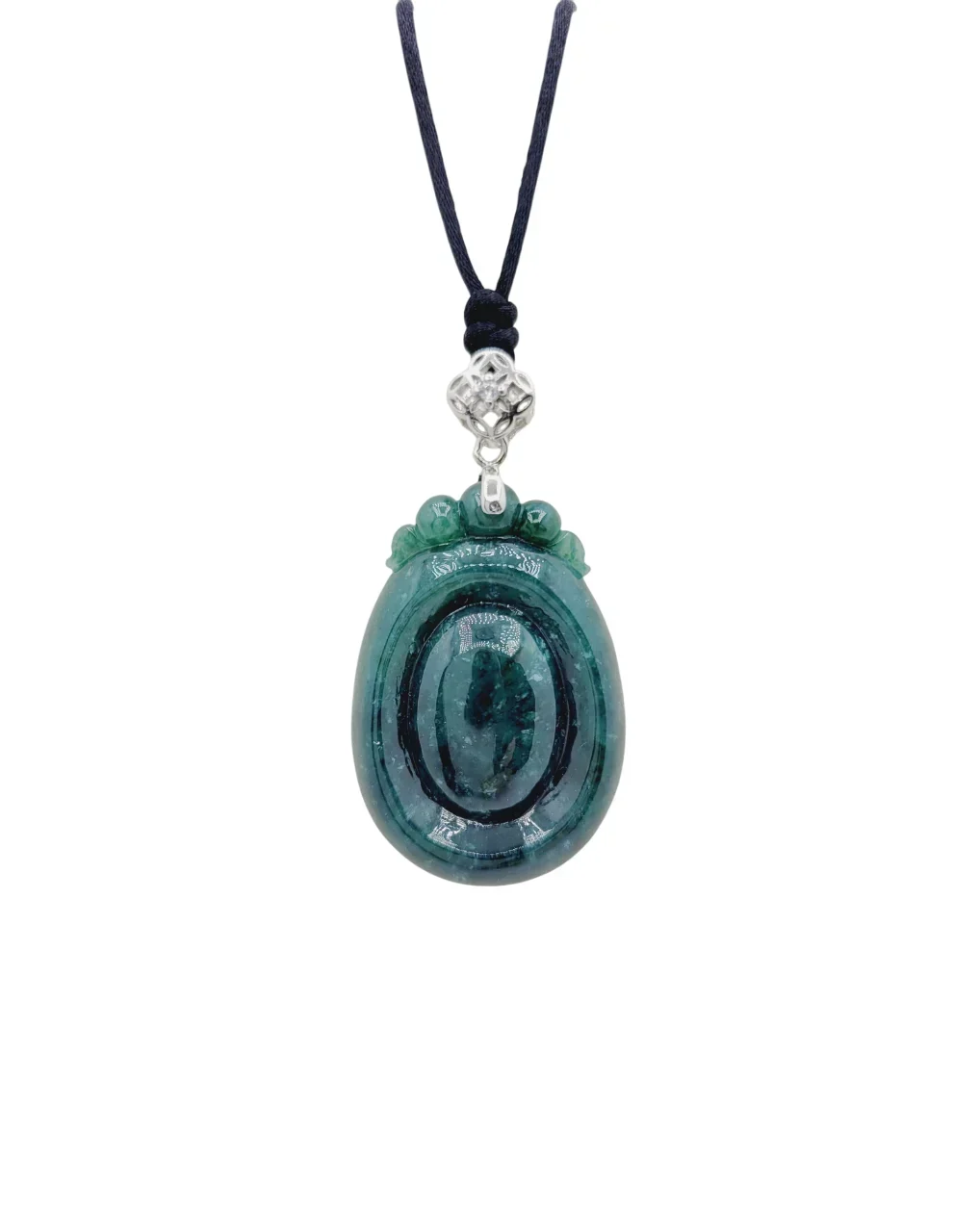 Silver Dark Green Blessings with you Jadeite Jade Pendant with Diamonds Simulant