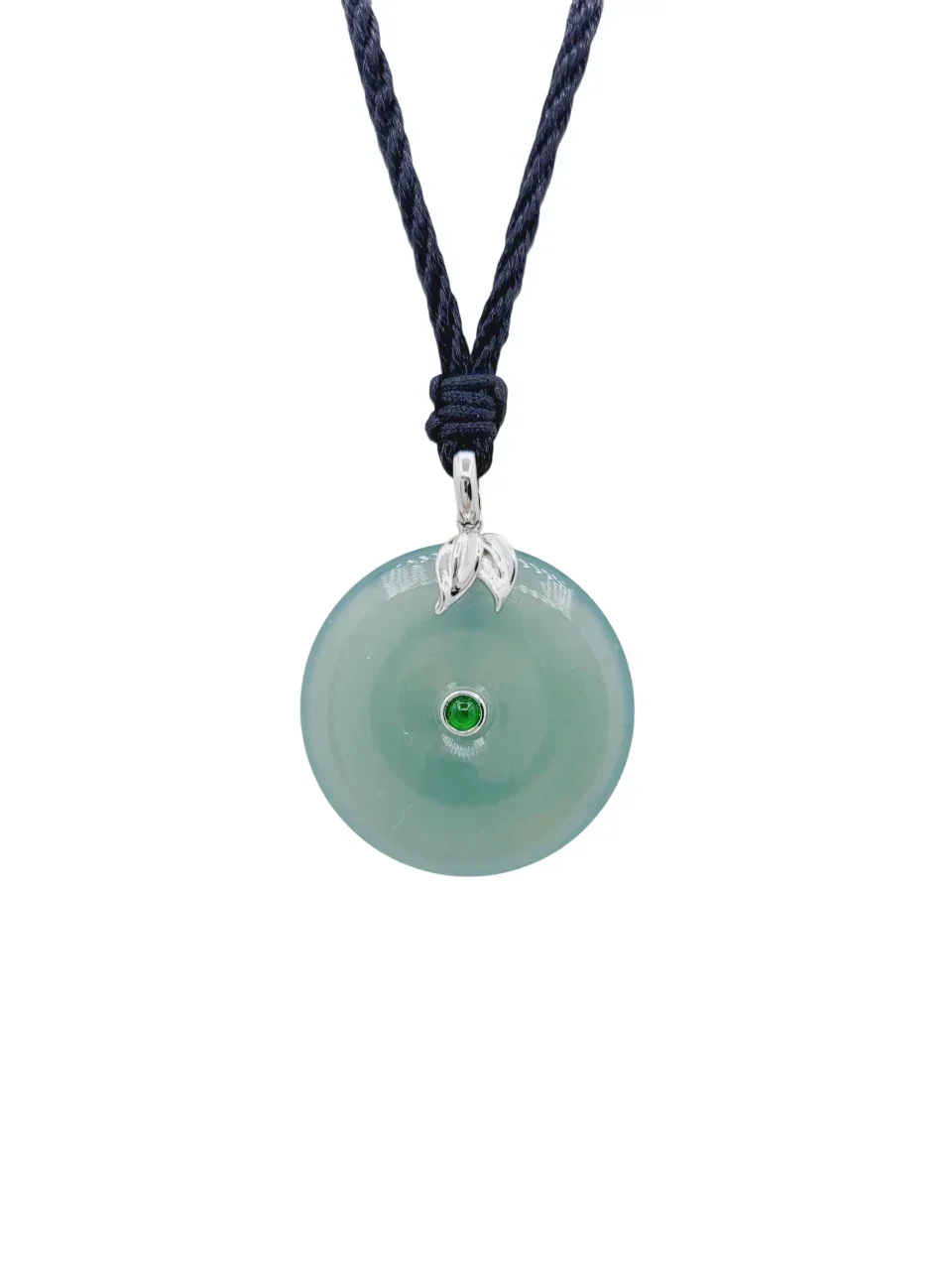 18K White Gold Icy Pale Green Jadeite Jade Donut Pendant