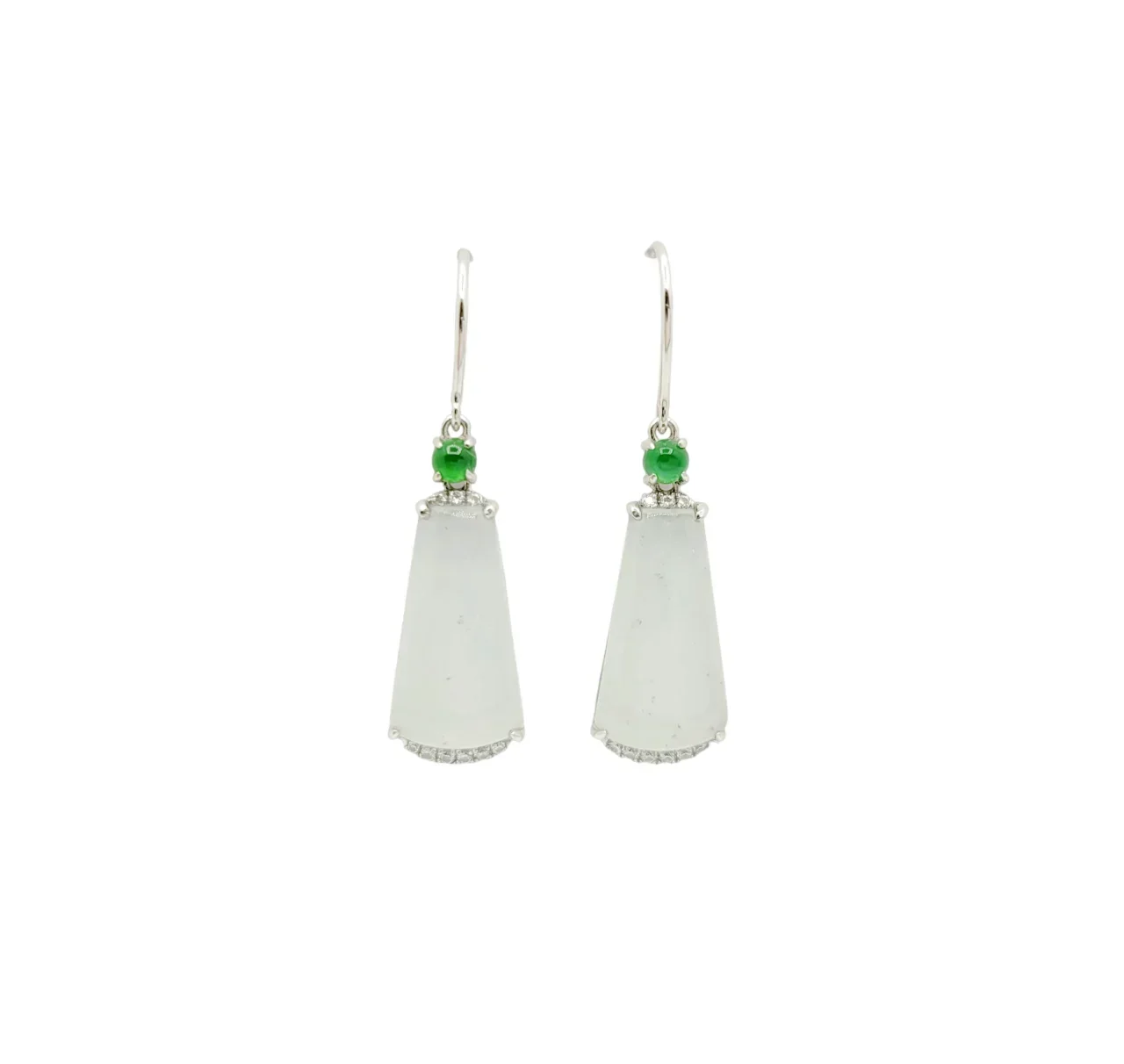 18K White Gold Translucent Jadeite Jade Trapezoidal Earrings with Natural Diamonds
