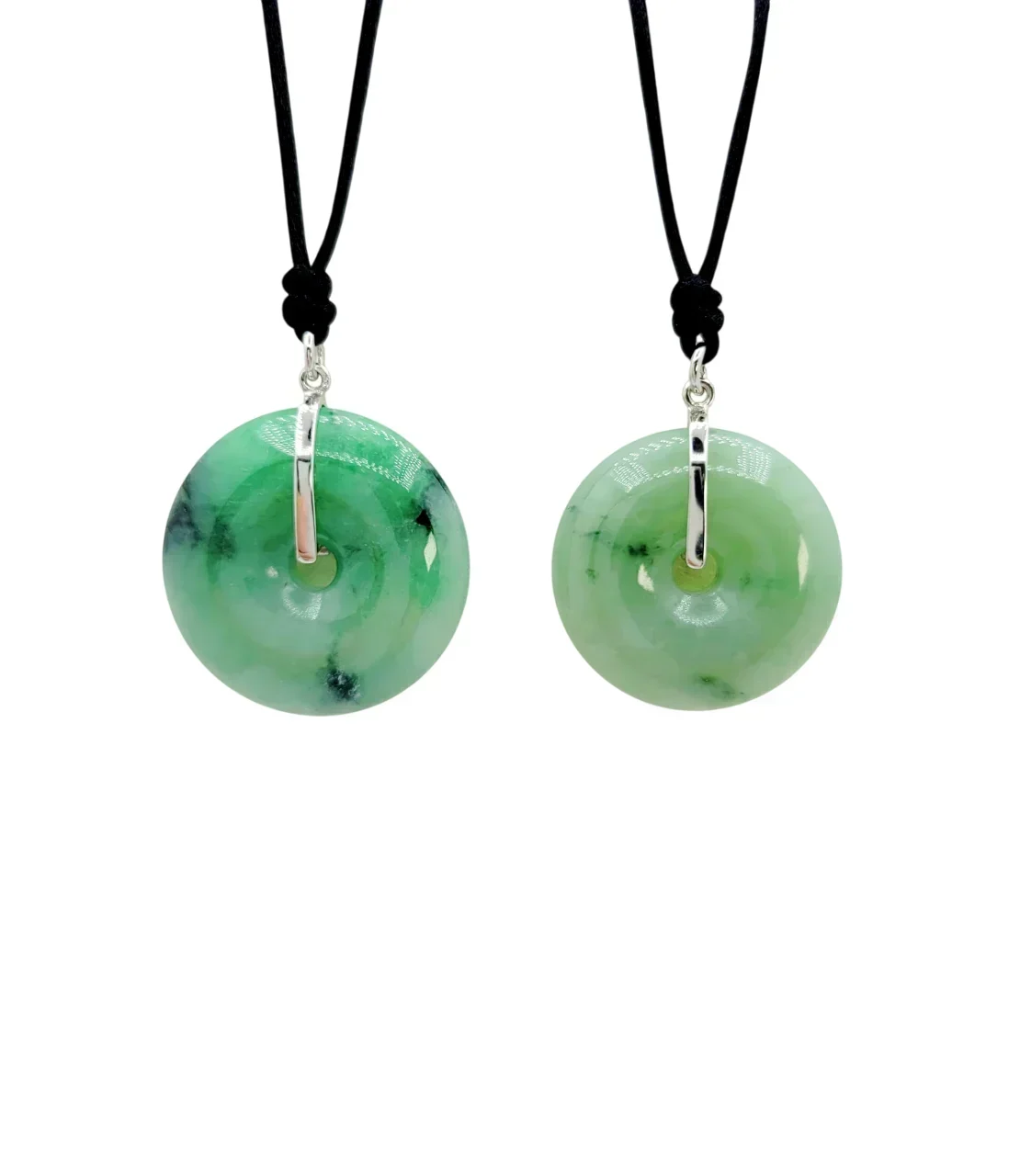 Silver Light Green with Fortune & Good Health Donut Jadeite Jade Pendant