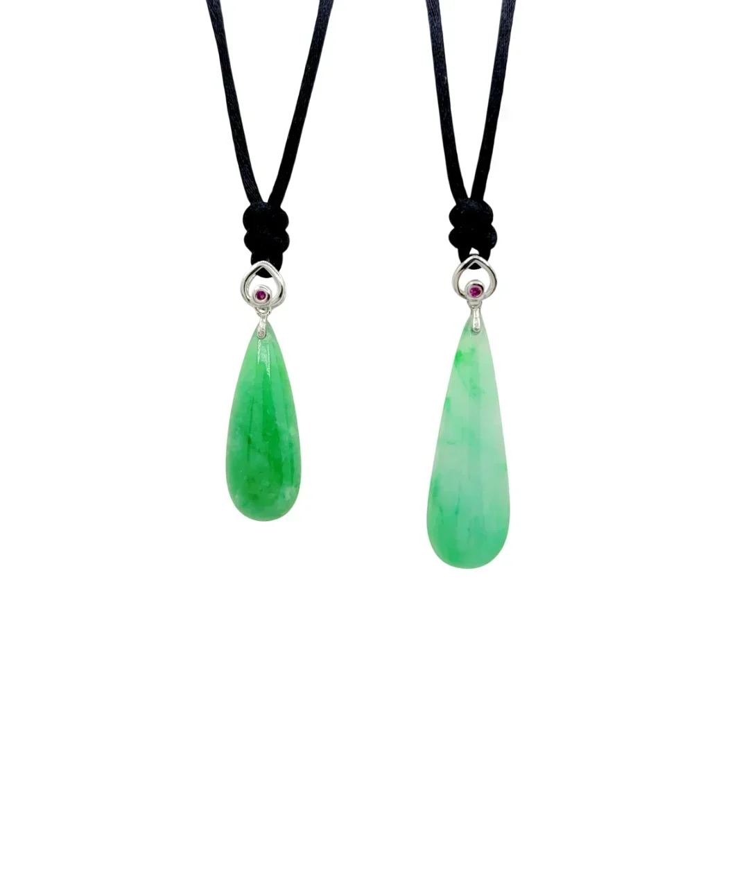 Silver Icy Green Tear Drop Jadeite Jade Pendant with Ruby Simulant