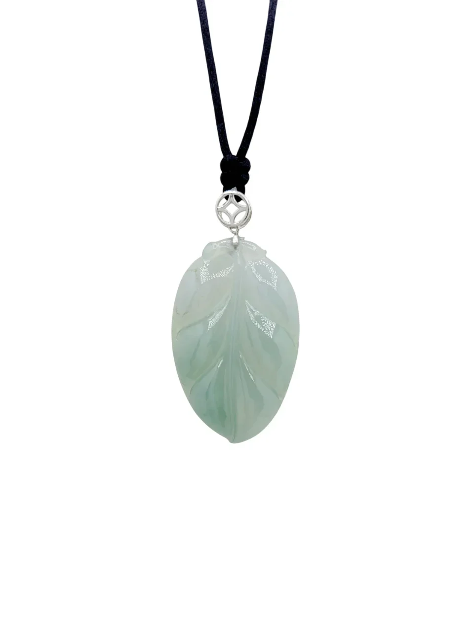 Silver Icy Light Green Leaf Jadeite Jade Pendant