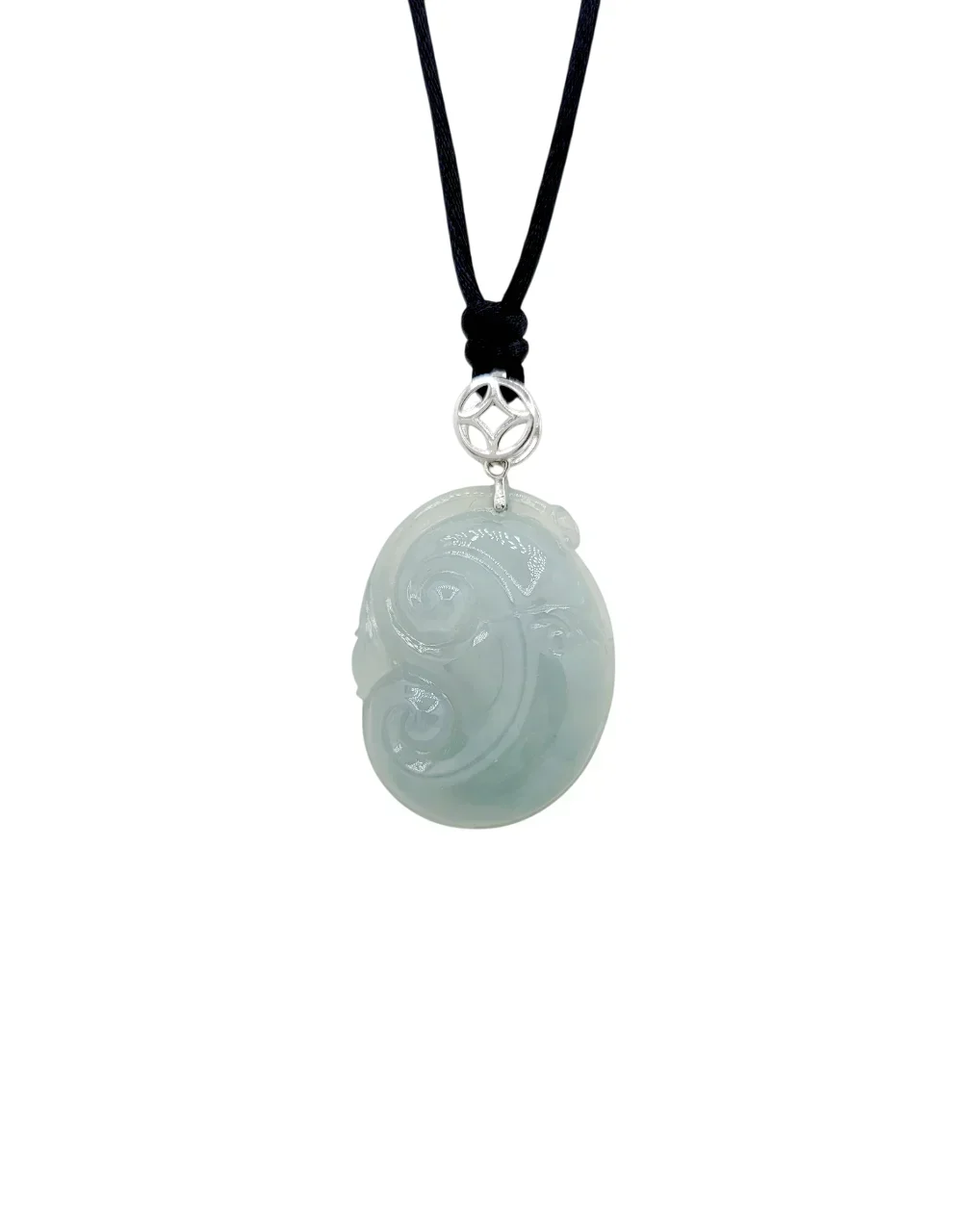 Silver Icy Light Green Ruyi Jadeite Jade Pendant