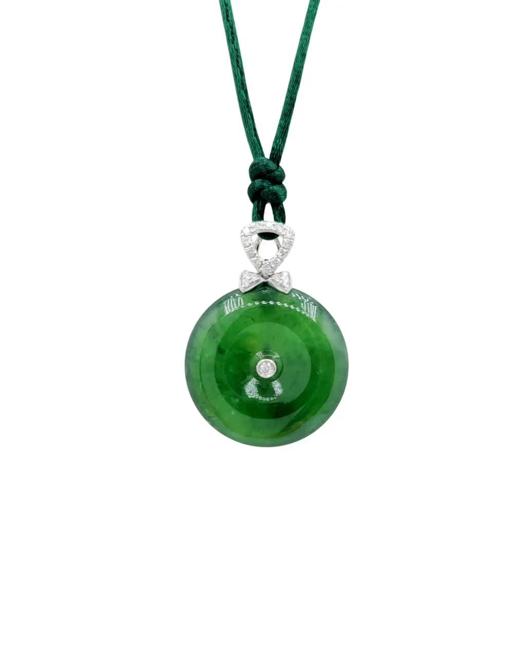 18K White Gold Intense Green Donut Jadeite Jade Pendant with Natural Diamonds