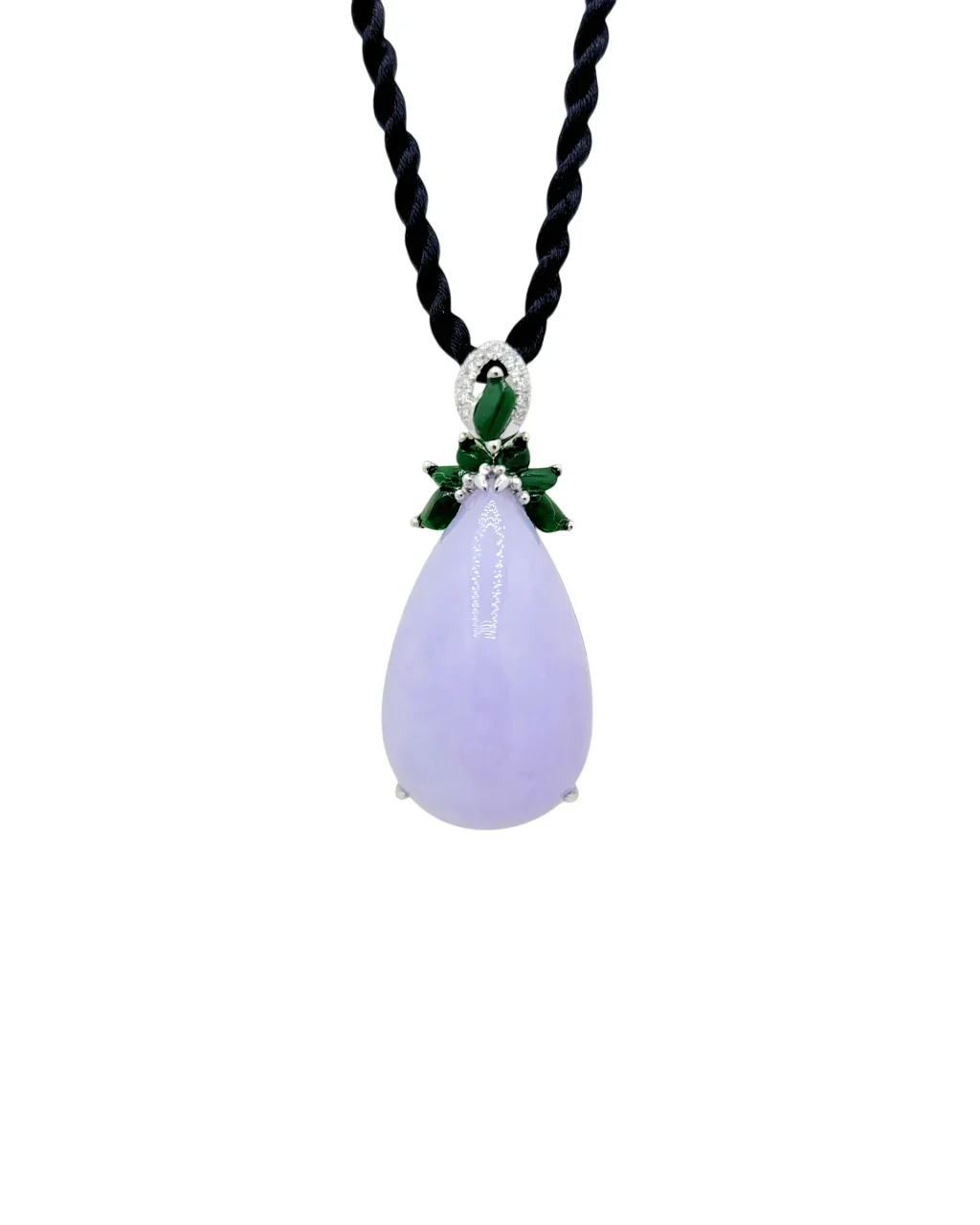 18K White Gold Purple Tear Drop Jadeite Jade Pendant with Natural Diamonds