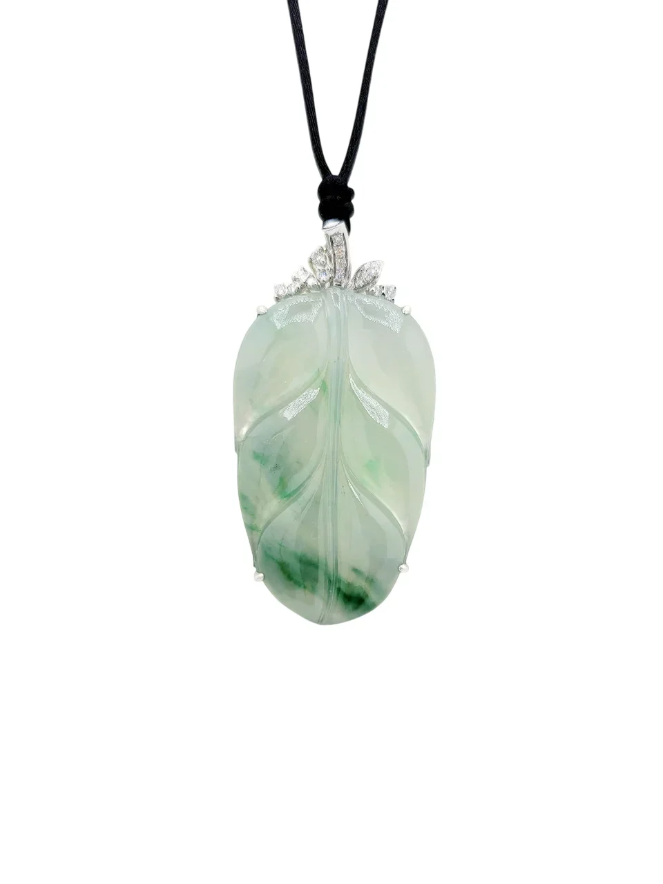 18K White Gold Icy with Green Patches Leaf Jadeite Jade Pendant with Natural Diamonds