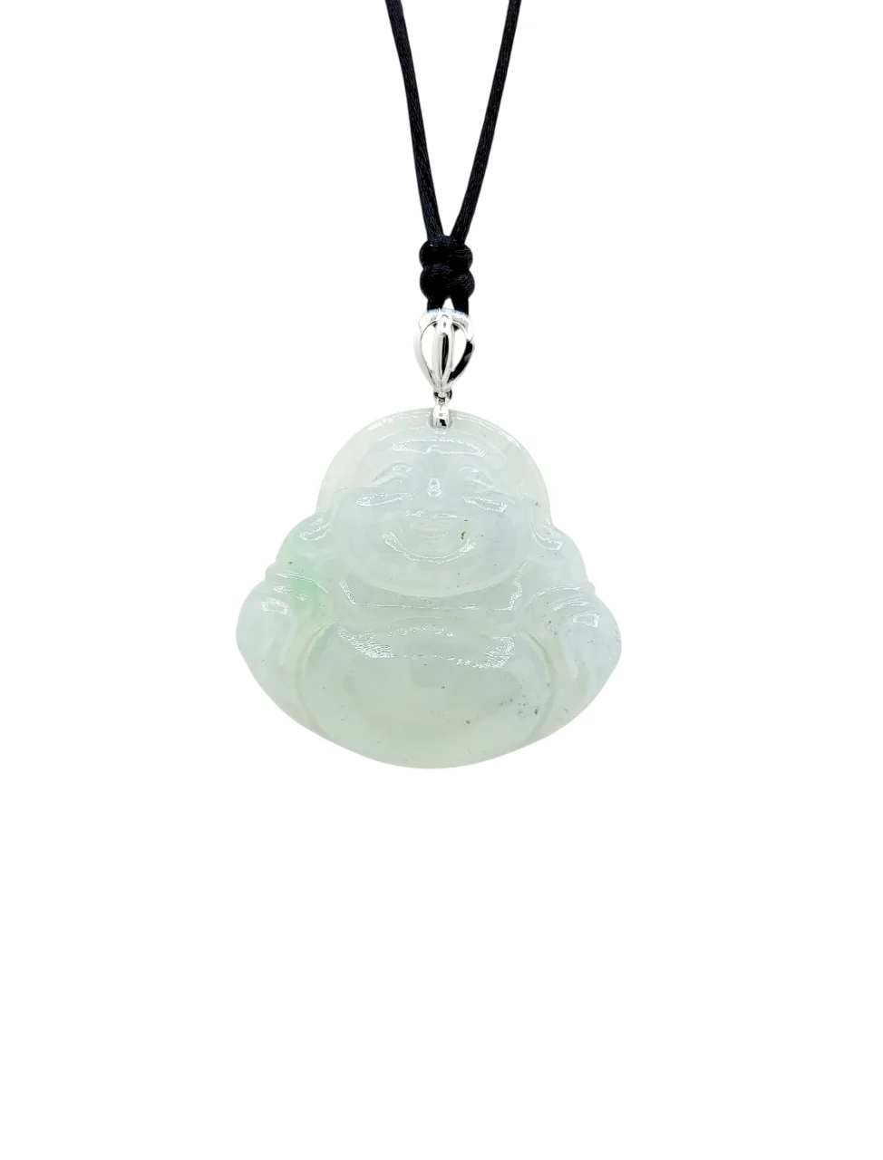 18K White Gold Icy Laughing Buddha Jadeite Jade Pendant