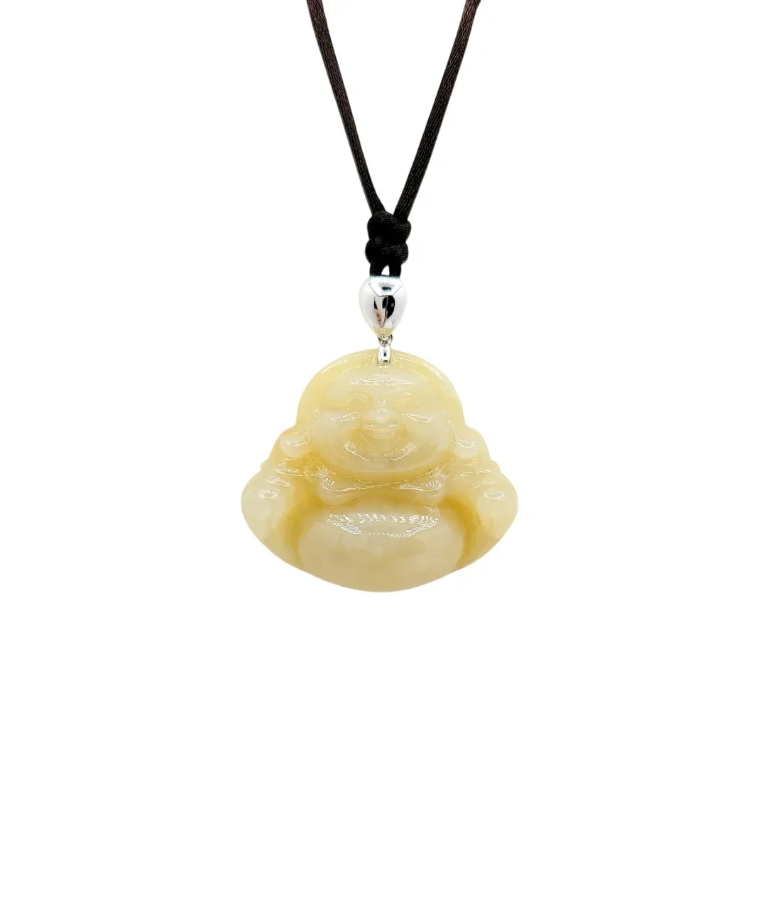 18K White Gold Icy Yellow Laughing Buddha Jadeite Jade Pendant