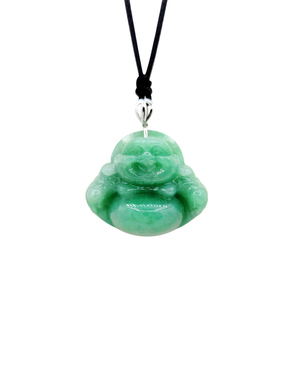 18K White Gold Green Laughing Buddha Jadeite Jade Pendant