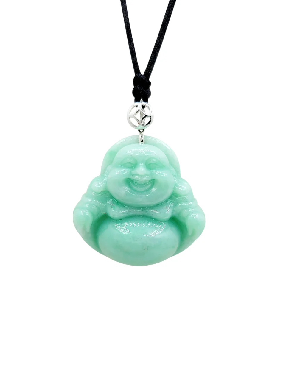18K White Gold Green Laughing Buddha Jadeite Jade Pendant