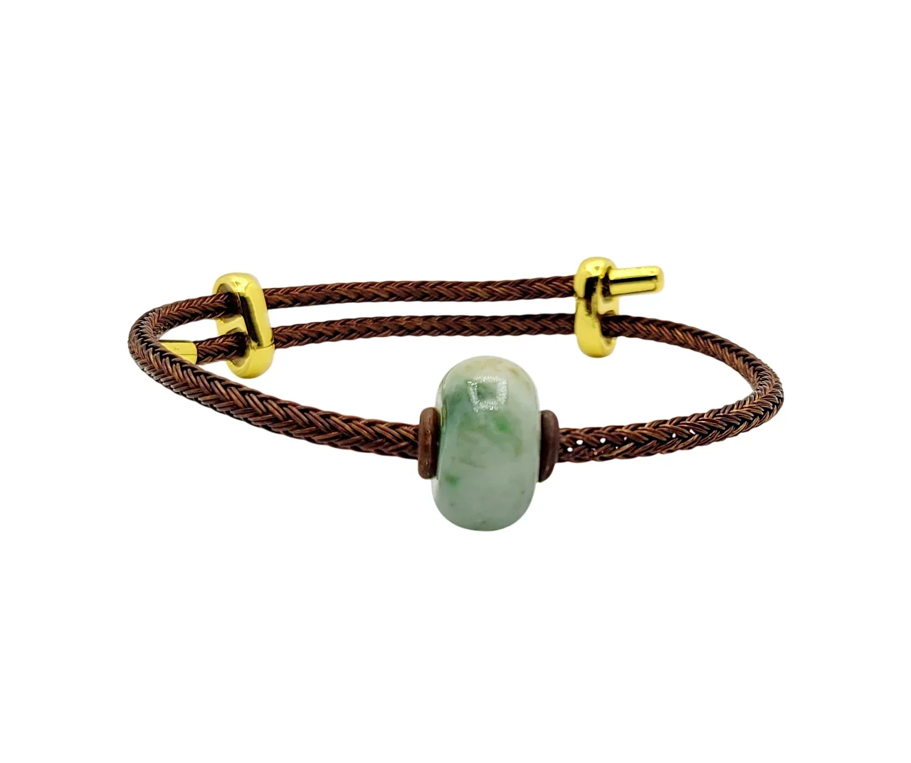 Colourless with Green Patches Donut Jadeite Jade Bracelet with Adjustable Brown String