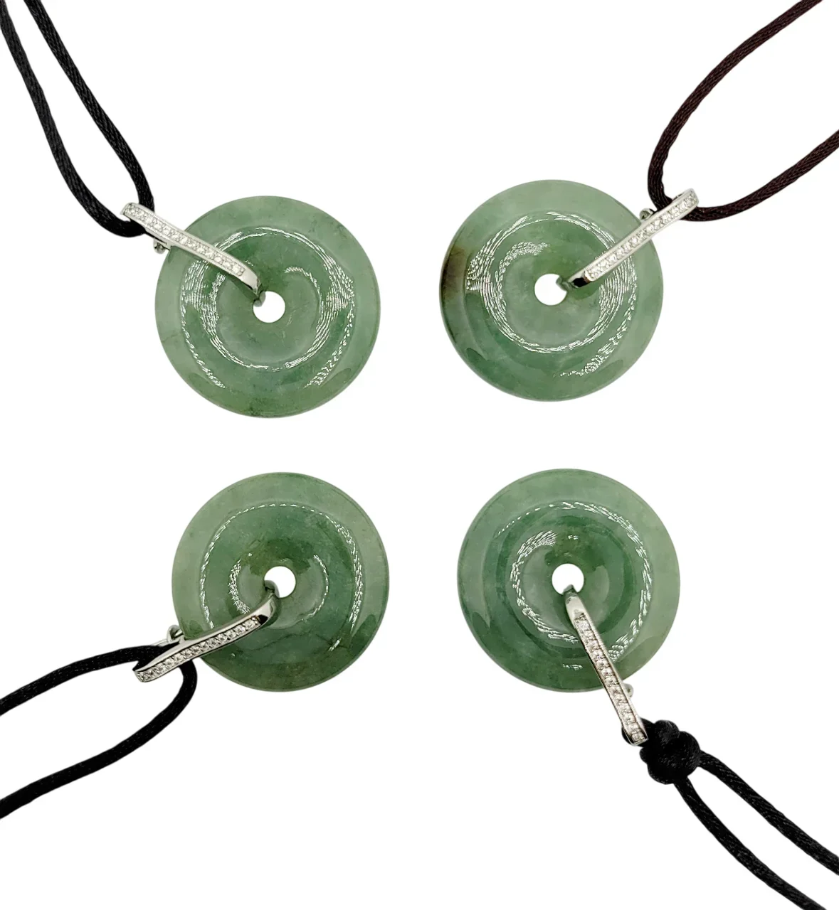Silver Icy Green with Fortune & Good Health Donut Jadeite Jade Pendant with Diamond Simulant