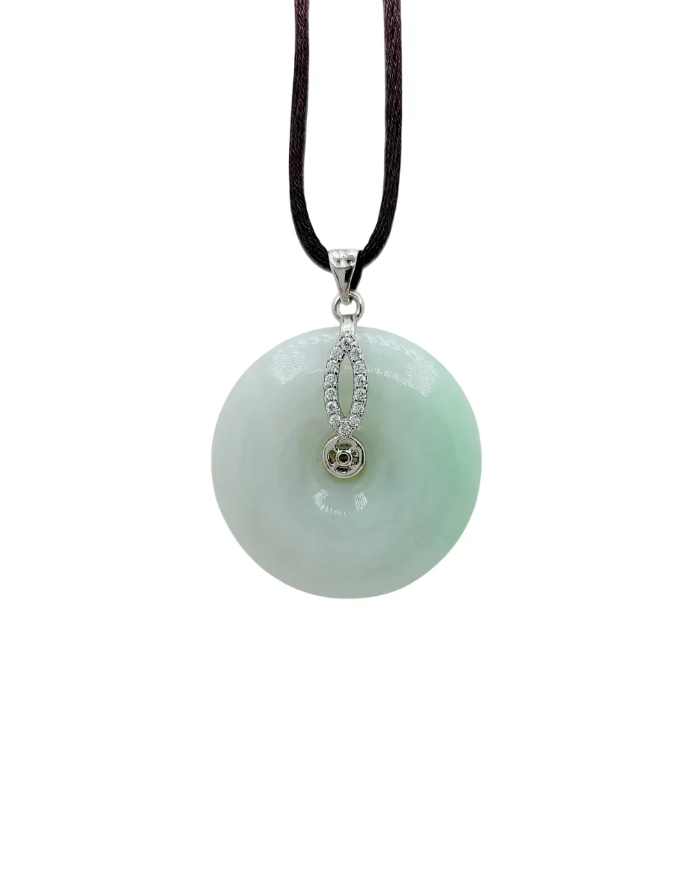 Silver Light Green with Fortune & Good Health Donut Jadeite Jade Pendant with Diamond Simulant