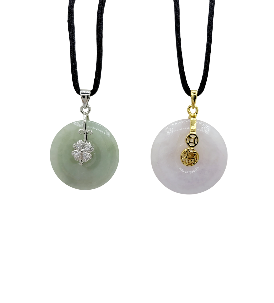Silver Fortune & Good Health Donut Jadeite Jade Pendant with Diamond Simulant