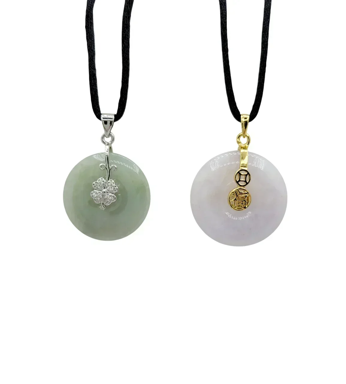 Silver Fortune & Good Health Donut Jadeite Jade Pendant with Diamond Simulant