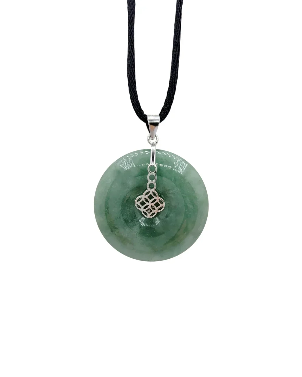 Silver Icy Green with Fortune & Good Health Donut Jadeite Jade Pendant