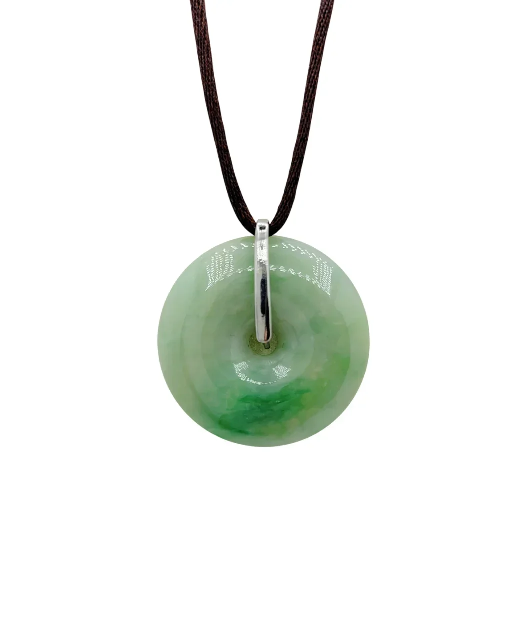 Silver Light Green Fortune & Good Health Donut Jadeite Jade Pendant