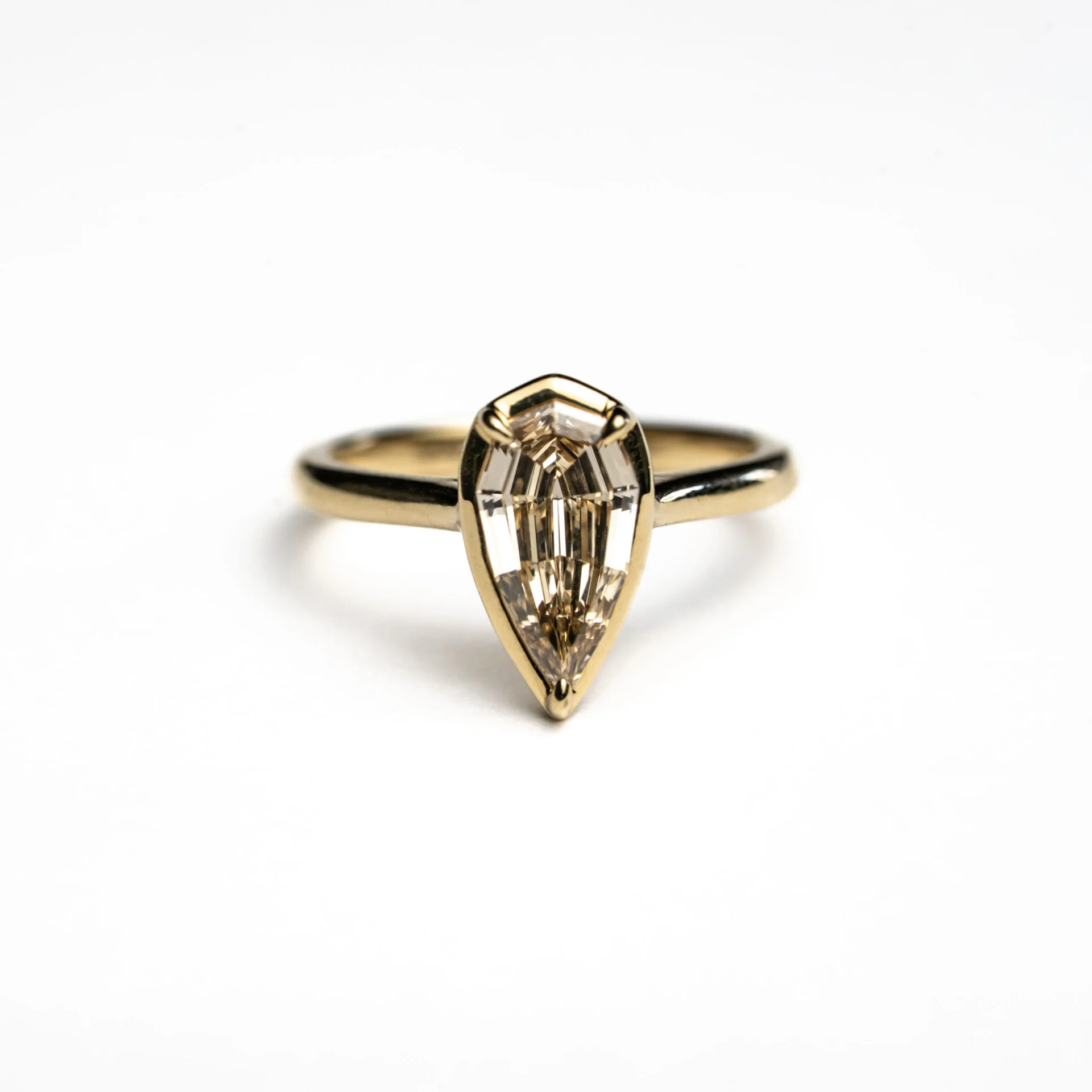 14K Yellow Gold 1.13ct C5 Geometric Natural Pear Step Cut Diamond Oasis Ring