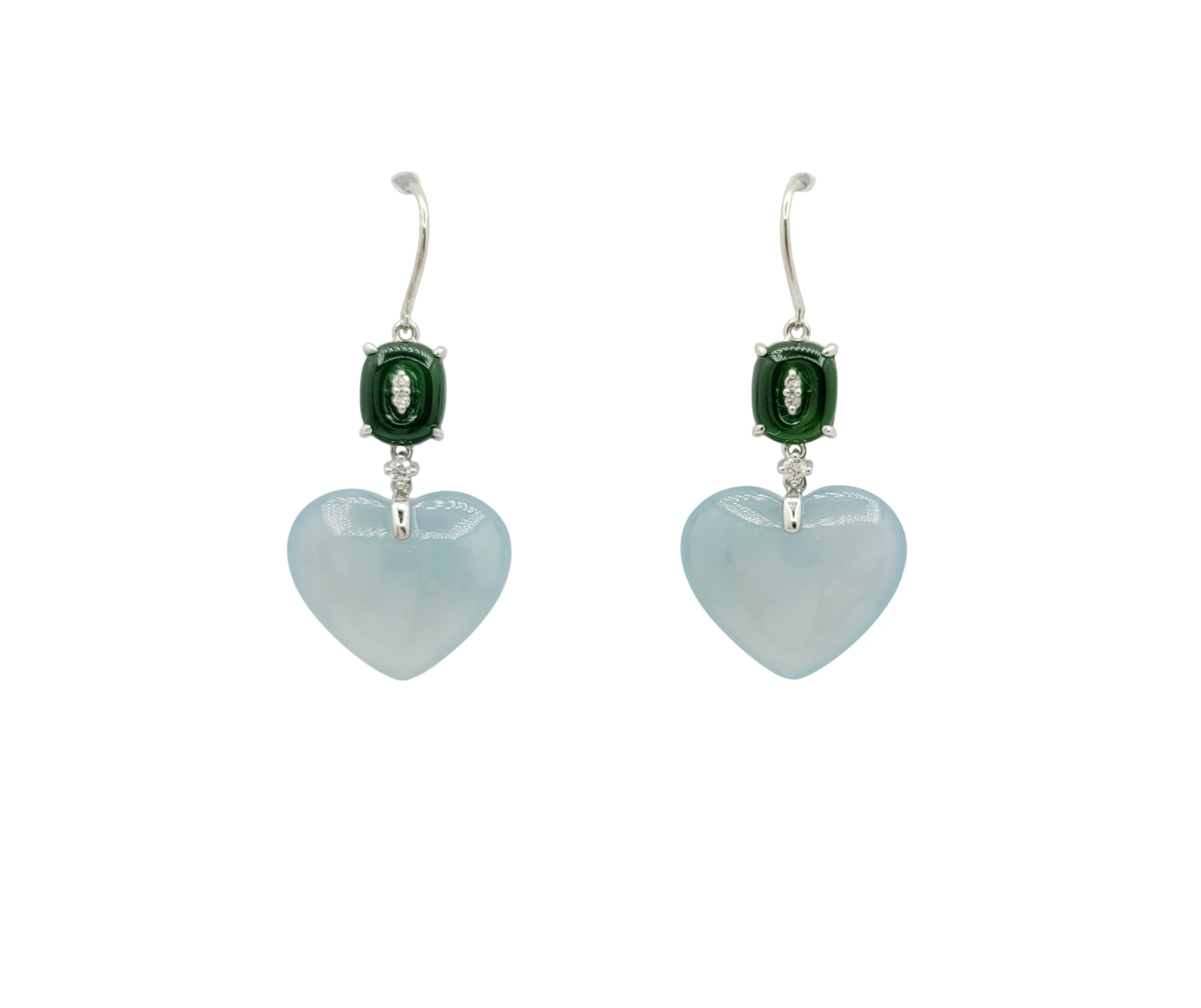 18K White Gold Icy Heart Cabochon Jadeite Jade Earrings with Natural Diamonds