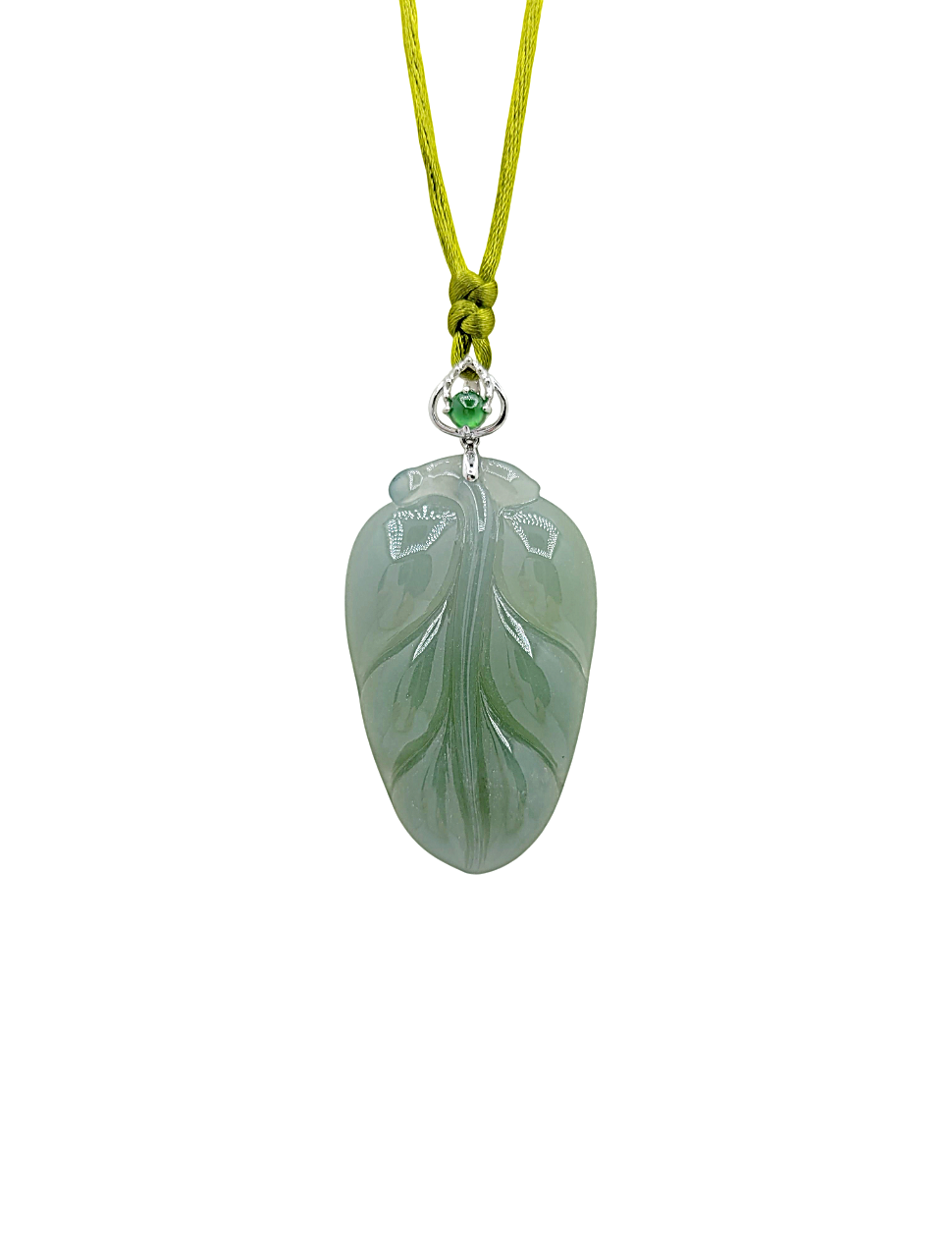 18K White Gold Icy Light Green Leaf Jadeite Jade Pendant